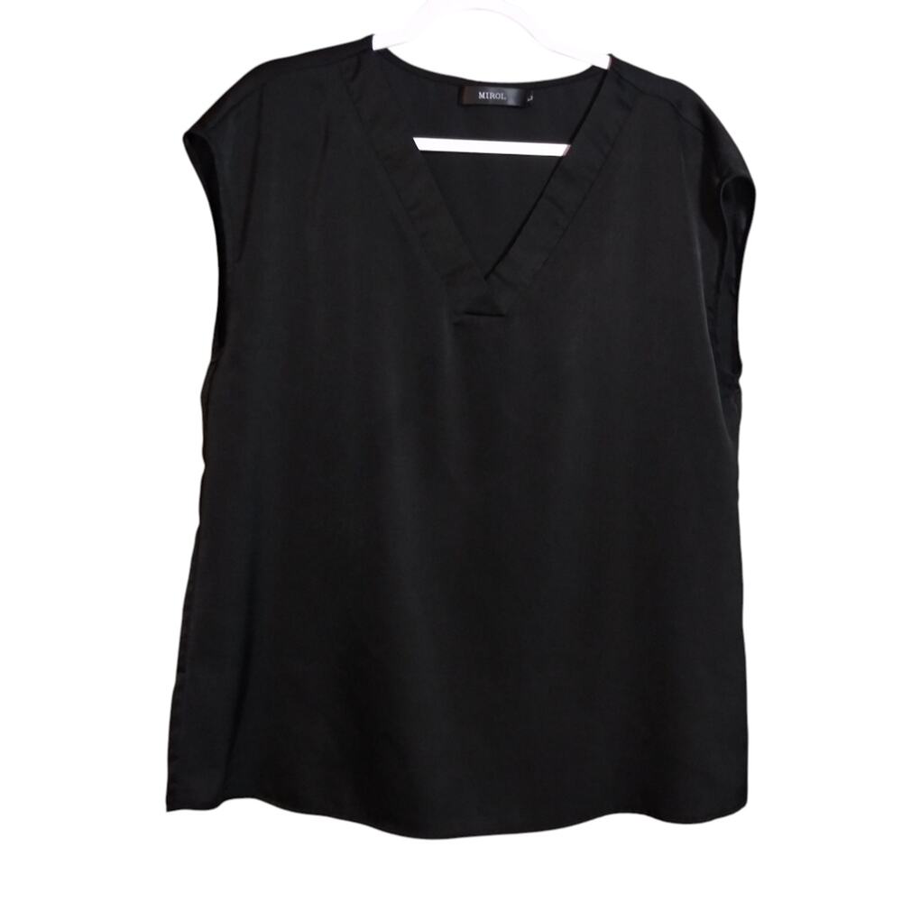 Mirol Satin V-Neck Cap Sleeve Women's Top - Black Classic Chic Size L